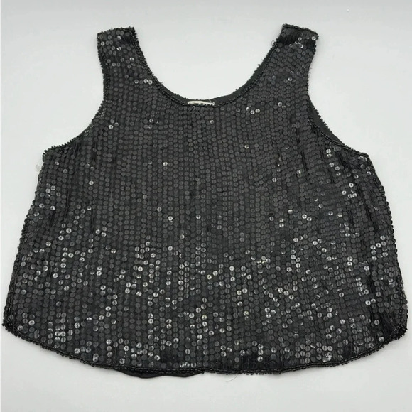 VTG Shimmer New York Silk Tank Top Cropped Boxy Black Sequined Beaded Vintage M - Picture 1 of 7
